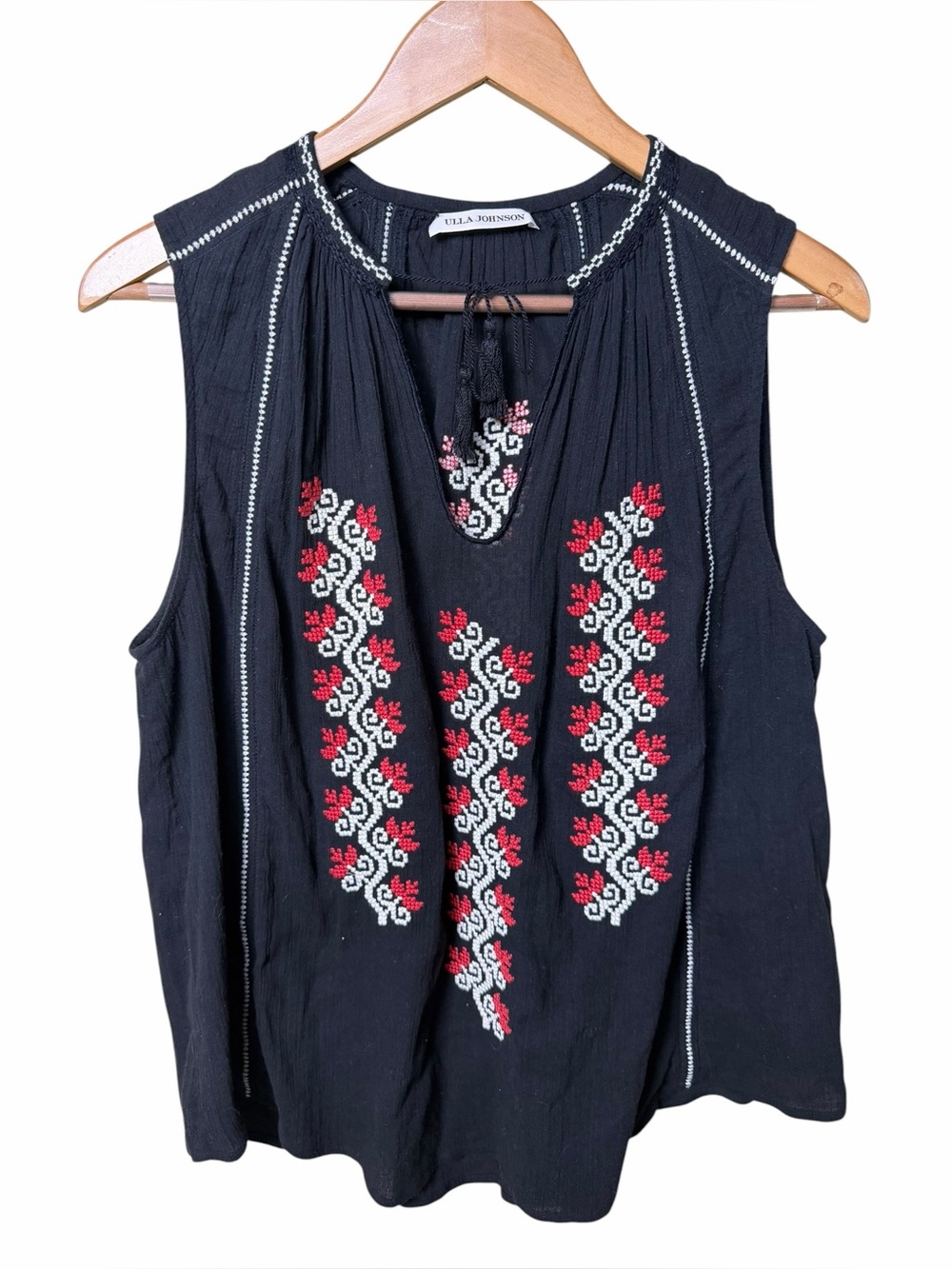 Ulla Johnson Black Embroidered Boho Peasant Top Size 10
